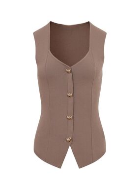 #97954 🛑S,M,L HIGHEND Heart Shape Mocha Knit Top with Gold Accent Button